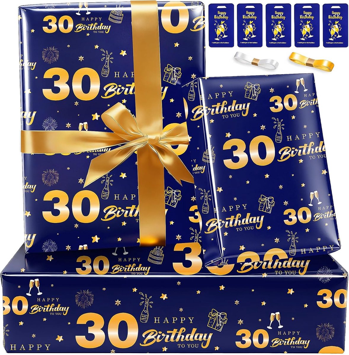 SnelShoppen - Cadeaupapier 30e Verjaardag Blauw Goud - Happy Birthday Inpakpapier - 5 Stuks 70x50 cm - Cadeaupapier Voor Mannen en Jongens - Feestelij
