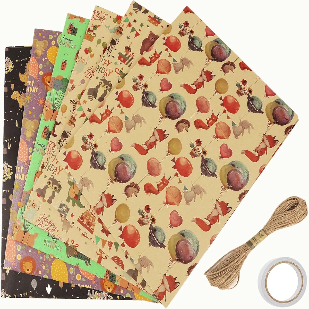 SnelShoppen - Cadeaupapier Verjaardag Set van 6 Vellen 90 x 65 cm met Koord en Plakband - Kleurvol Happy Birthday Papier voor Feesten, Verjaardagen en
