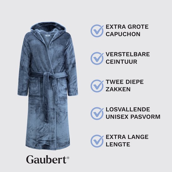 Long peignoir bleu avec capuche, ceinture, deux poches profondes, coupe unisexe ample. Capuche très grande.
