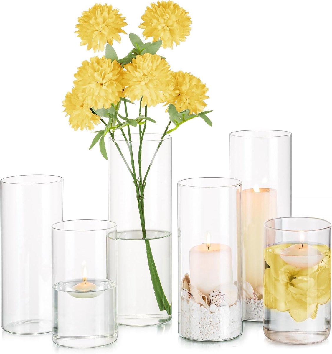 SnelShoppen - Glazen Cilinder Vazen Set van 6 - Moderne Tulpen Vazen en Hurricane Vazen voor Pillar Kaarsen - Decoratieve Vazen voor Pampas Gras - 10/
