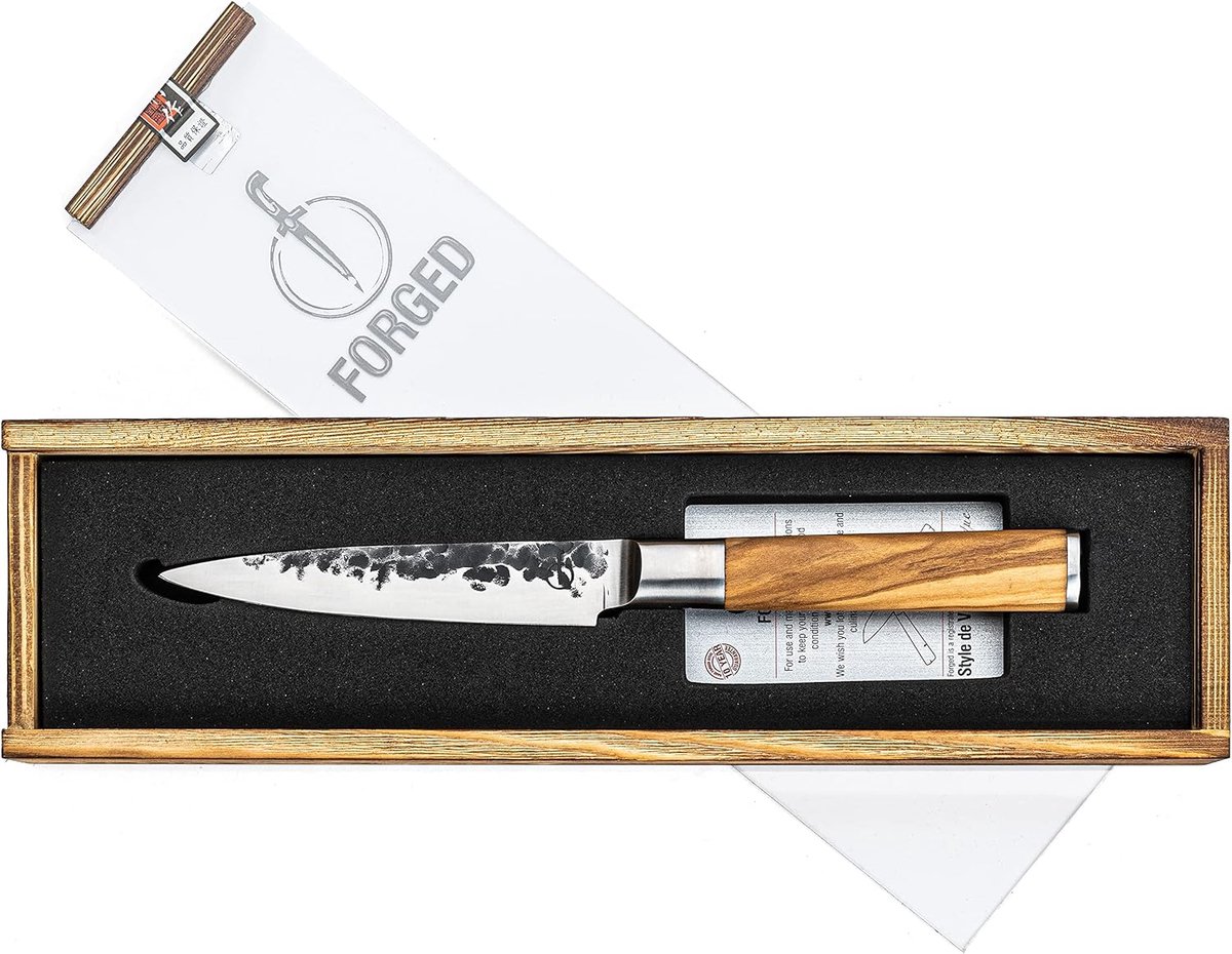 SnelShoppen - Forged Universele Kookmes 13 cm - Handgemaakt Japans RVS met Olijfhouten Handvat - Perfect voor Keuken, Koken, BBQ, Cadeau in Houten Ges