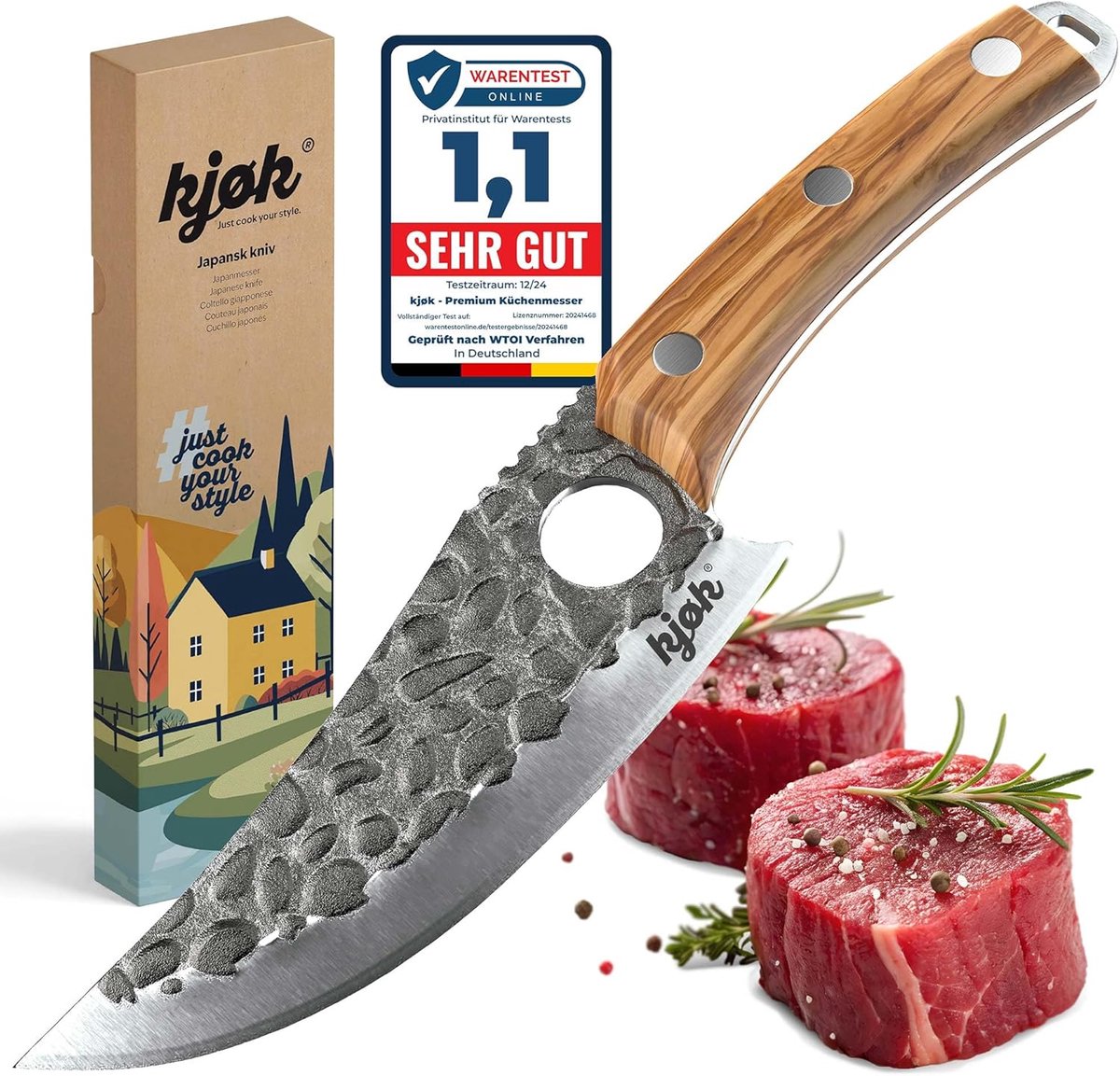 SnelShoppen - Premium Kookmes 58±2 HRC Staal, 148 mm Vlijmscherpe Messen met Hamerslaggaatje en Olijfhouten Handvat, Kwaliteitskeukenmes voor Vlees en