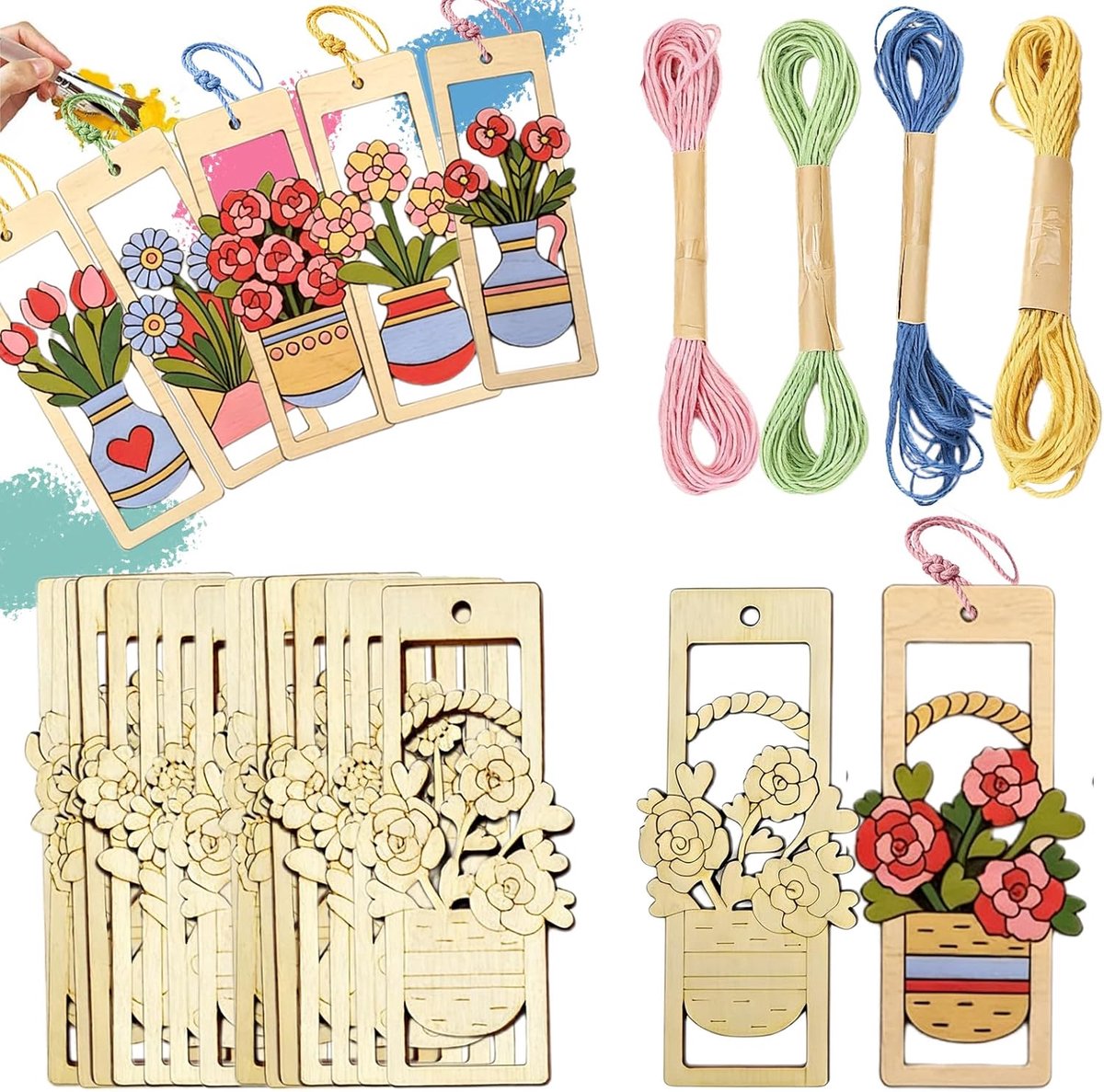 SnelShoppen - DIY Houten Boekenleggers Set van 16 Stuks met Kleurige Koordjes - Onbehandeld Hout, Creatieve Bloem Motieven, Perfect voor Kinderen en V