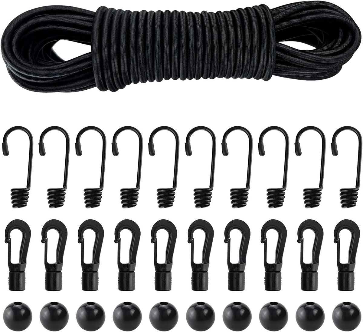 SnelShoppen - Elastische Touwen Set 10m x 4mm met Haakjes en Ballen - Rubber Expander Riem voor Tarp, Tent, Transport, Tuin, Camping, Kayak en Bagage