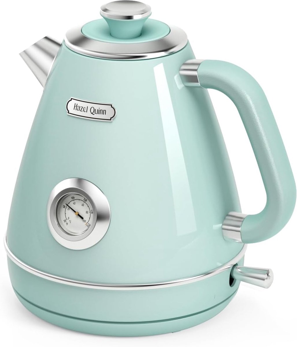 SnelShoppen Vintage Elektrische Waterkoker met Thermometer RVS en BPA-vrij Draadloos met Automatische Uitschakeling 1.7 Liter 2200 Watt Mint Gr