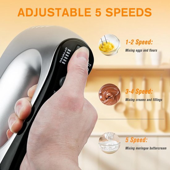 SnelShoppen - Elektrische Handmixer met 5 Snelheden en Turbo Knop, Anti-Spat Garde, 300W, Inclusief 6 RVS Opzetstukken, Perfect voor Bakken in de Keuk van Snelshoppen — afbeelding 5