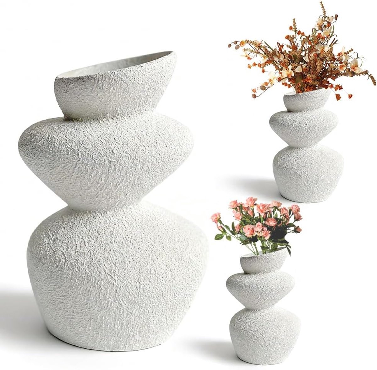 SnelShoppen - Ceramische Vaas, Sculpturale Bloemenvaas, Witte Tower Vase, Ruwe Steenstructuur, Perfect voor Gedroogde Bloemen, Pampasgras en Verse Blo