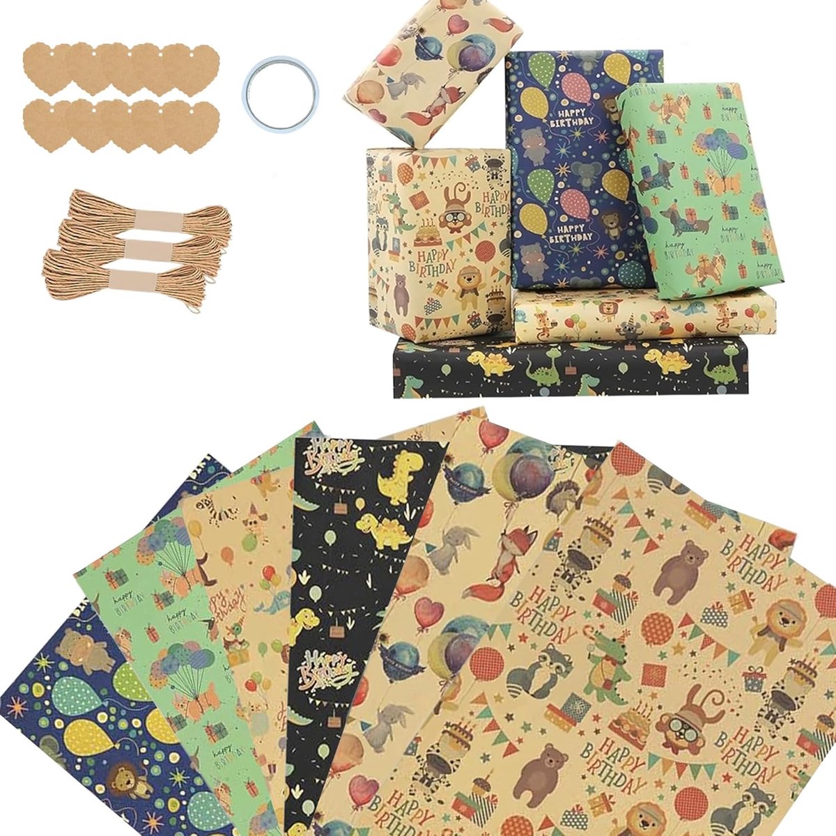 SnelShoppen - Verjaardagscadeau Inpakset - 7 Vellen Cadeaupapier + 2 Rolls Ribbons - Feestelijke Inpakpapier Set - Dierenthema - 70x50 cm - Kerst en V