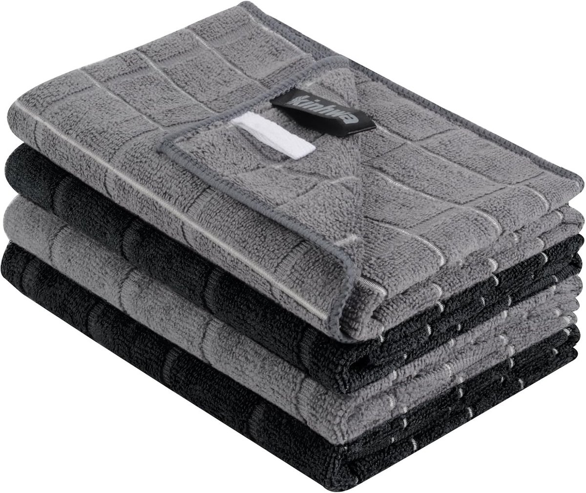 SnelShoppen - Set van 4 Microvezel Theedoeken 45x65 cm - Zeer Absorberend en Duurzaam - Pluisvrij en Dikke Premium Kwaliteit in Zwart en Grijs - Ideaa