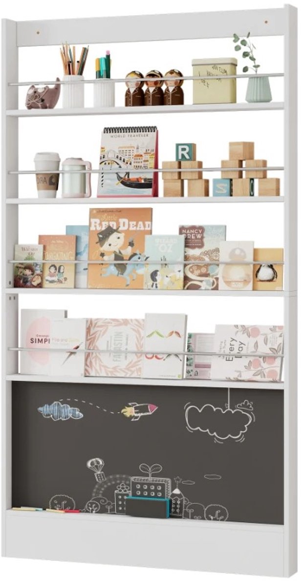 Emvae Kast - Boekenkast - Openkast - Opbergrek - Kinderboekenrek - 4-Laags - Met krijtbord - 100 x 180 cm - Wit