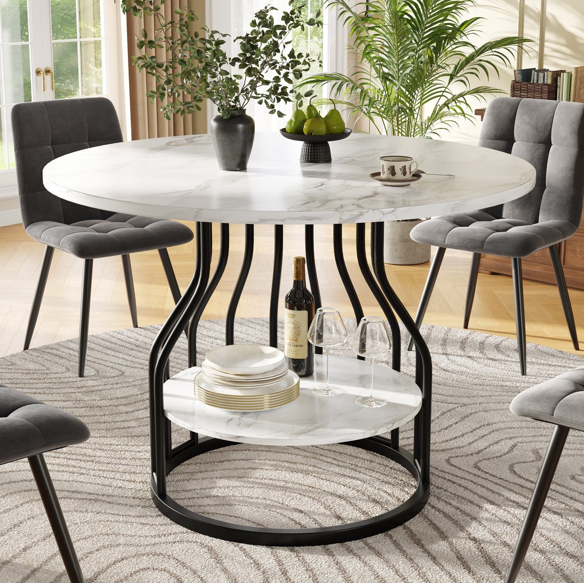 COVREO Eettafel 80x80x76 cm zwart MDF marmerlook fineer met opbergruimte voor 4 personen