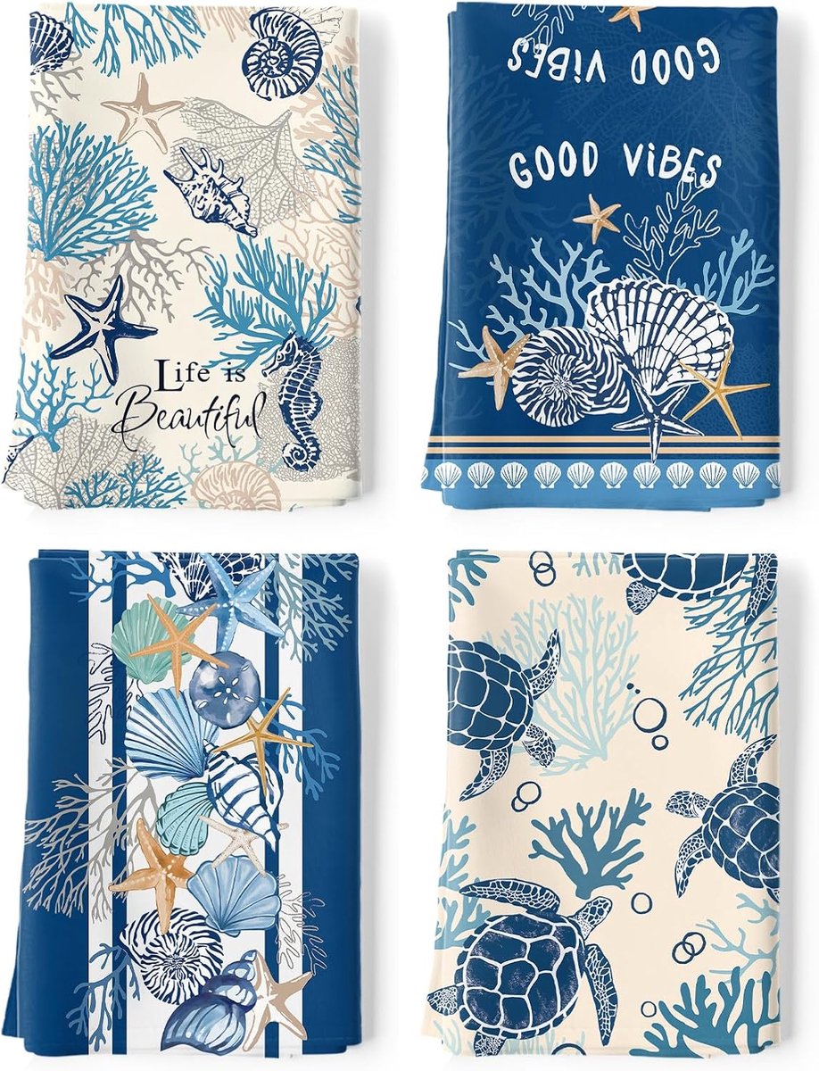 SnelShoppen - Ocean Theedoeken 100% Katoen Sneldrogend Schelp Koraal Sterrenbeeld Keuken Doeken 48x70cm Absorberende Afwasdoeken voor Keuken Huisdecor