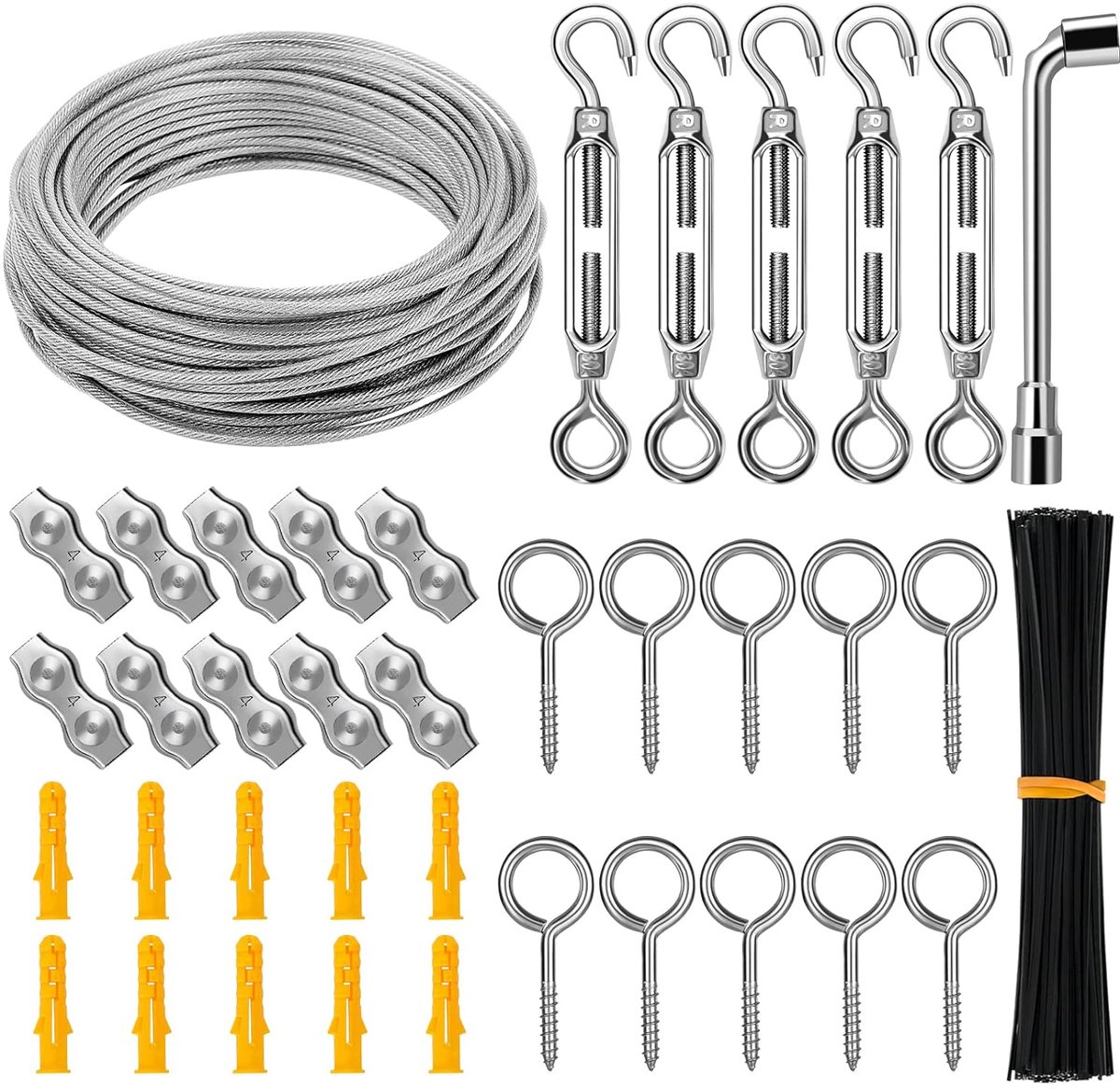 SnelShoppen - RVS Kabel Rope voor Ophangen, 30m/3mm Metaal Kabel, Tuin Kabel Set, Foto Kabel Fence Set, Sterke Stalen Kabel, Draad Spanner en Haak, Du