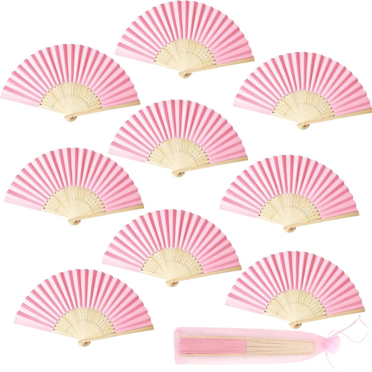 SnelShoppen - 9 Pcs Handheld Vouwfans - Roze DIY Bamboe Handgemaakte Papieren Handventilators met Pouch - Perfect voor Bruiloften, Cosplay, Dans en Fe