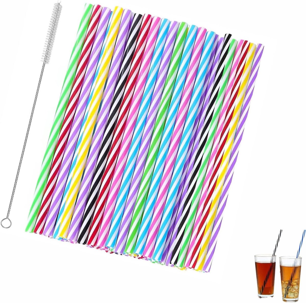 SnelShoppen - Pack van 60 Herbruikbare Rietjes met Borstel - Kleurige Plastic Rietjes voor Smoothies, Sap, Cocktails, Warme Dranken - 23 cm, Dikke Rie