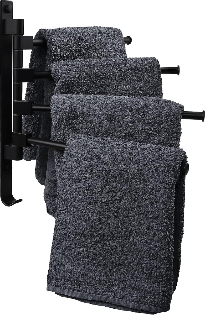 SnelShoppen - Towel Rack met 4 Armen - Wandrek Towel Holder voor Badkamer en Keuken - Verstelbaar Stalen Handdoekrek - Zwart - Inclusief Handdoekhaken