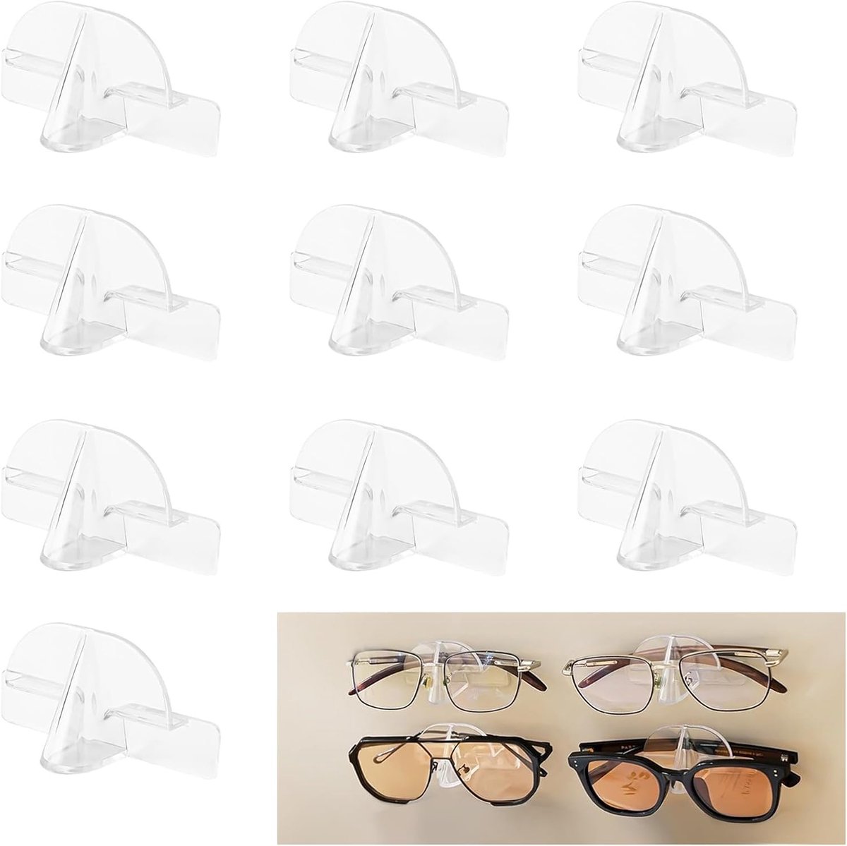 SnelShoppen - Set van 10 Wandmontage Brilhouders - Transparante Zelfklevende Brillenstandaard voor Zonnebril, Dagelijkse Bril en Sportbril - Ruimtebes