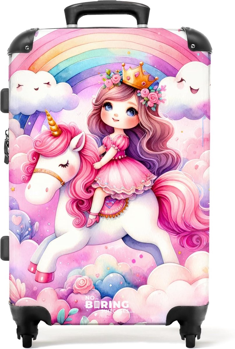 SnelShoppen - Kindersuitcase Hard Koffer Trolley met 4 Wielen, TSA Slot, Princess & Unicorn Design, Medium 67x43x25cm, Ideaal voor Vakantie en Reizen