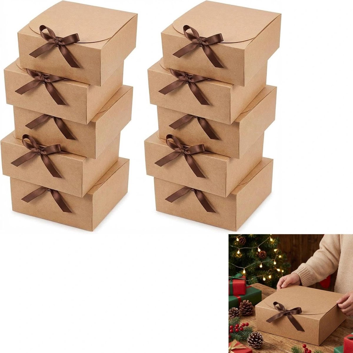 SnelShoppen - Kraftpapier Geschenkdozen met Deksel en Strikken - Herbruikbare Geschenkpakketten voor Kerst, Bruiloften, Feesten - Stevige Verpakking v