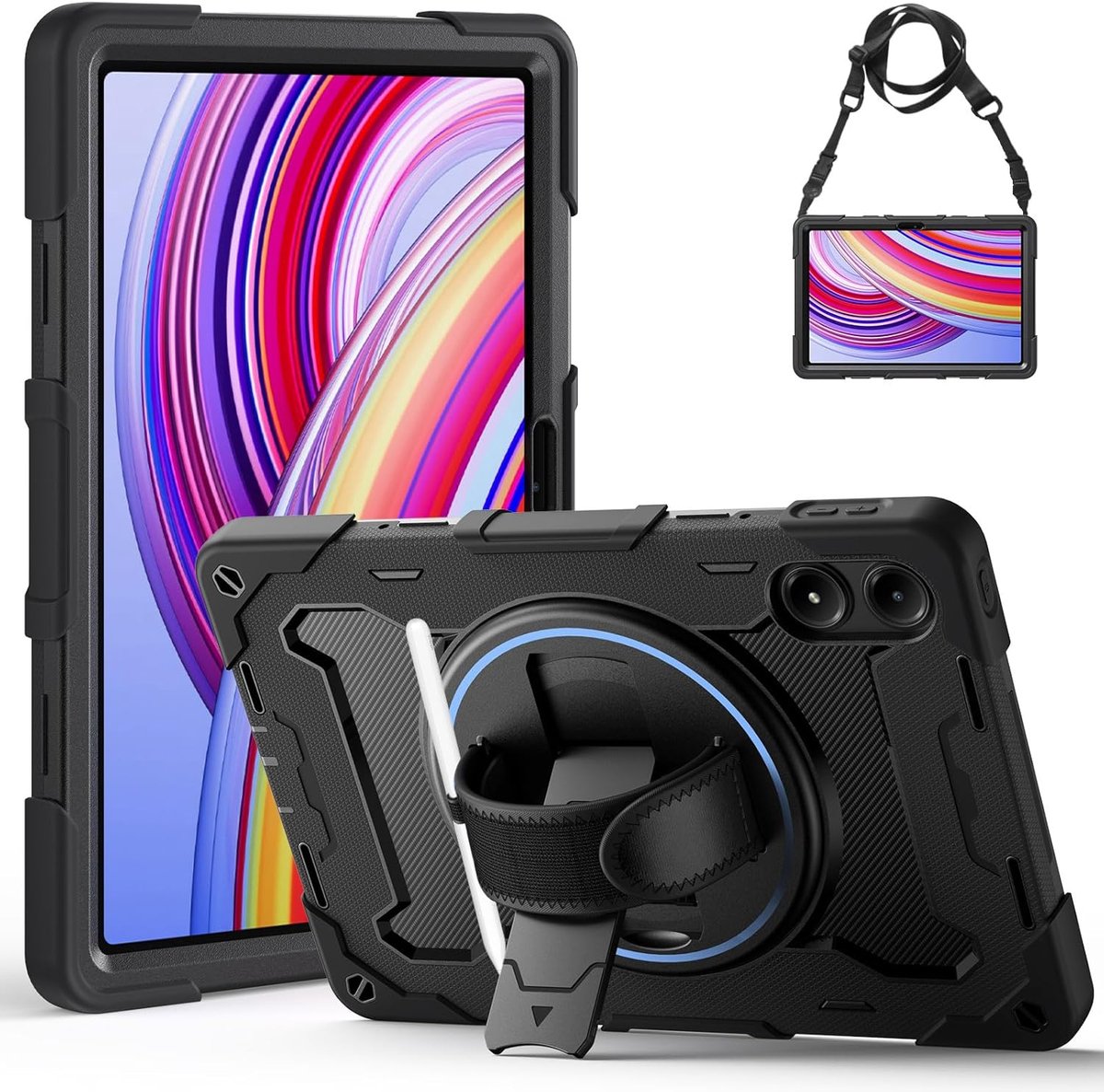 SnelShoppen - Beschermcase voor 12.1 inch Tablet, Rugged Silicone Case met 360° Swivel Stand, Hand Strap en Schouderband, Zwart, Geschikt voor Xiaomi