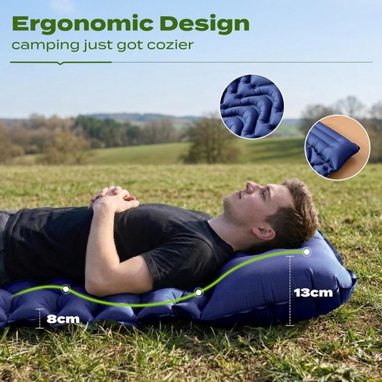 Zelfopblazende slaapmat - Kampeer matras - Outdoor slapen - Geïntegreerd hoofdkussen - 8 cm dik - Marineblauw — afbeelding 2