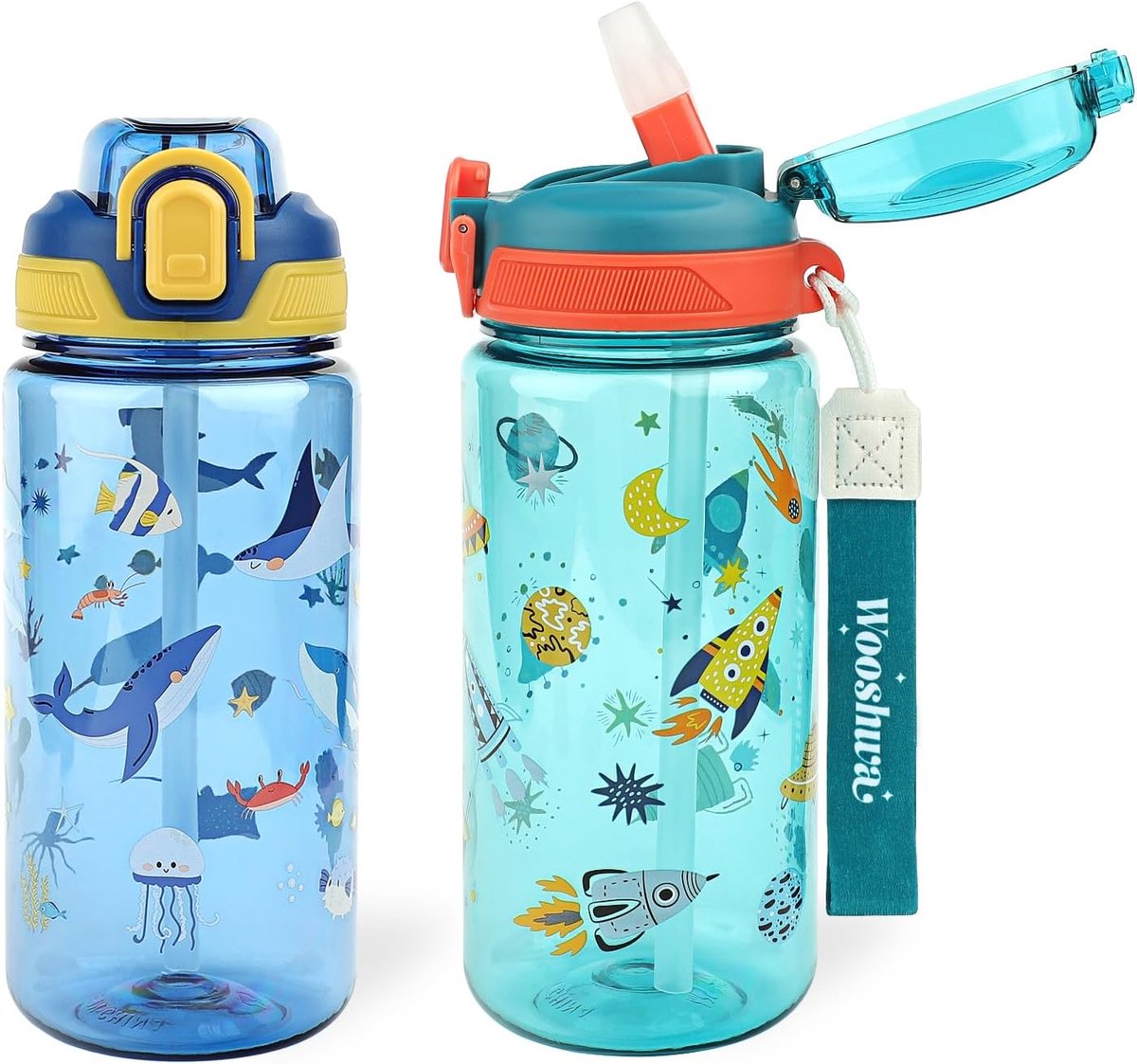 SnelShoppen - Kinderen Drinkfles Set van 2, Lekvrij, Handige Waterfles met Rietje, BPA-vrij, Vaatwasserbestendig, 600 ml, Ruimtevaart en Zeedieren The