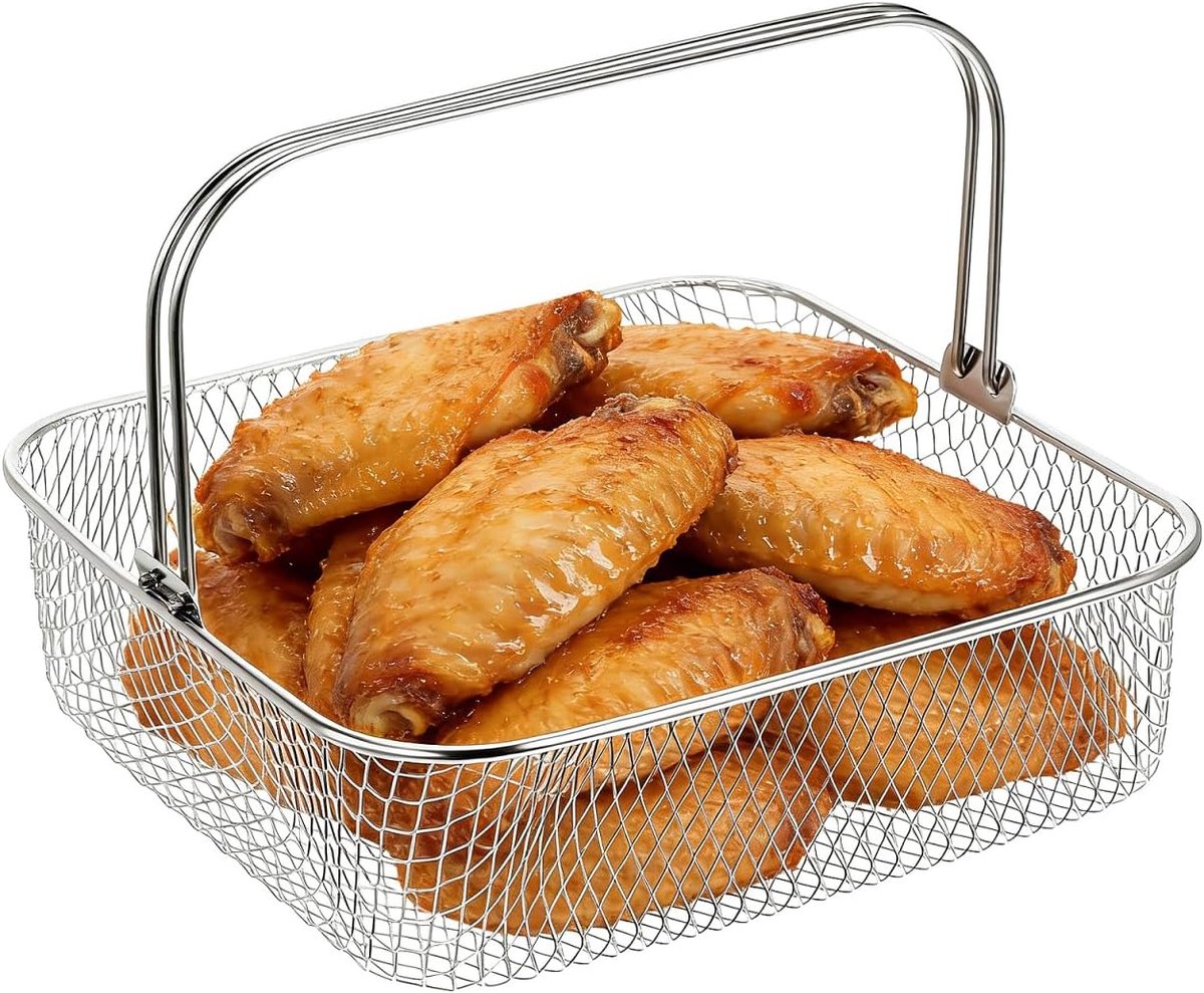 SnelShoppen Air Fryer Net Basket Vervangende Mand met Handvat 20 x 20 x 6 cm voor Krokante Kip en Frietjes Geschikt voor Keuken en BBQ