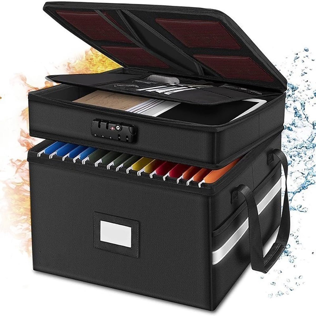 SnelShoppen - Brandwerende Document Box, Waterdichte Documentenbox met Slot, 7 Compartimenten en Opbergruimte (39.5 x 31 x 32.5 cm), Inklapbaar voor B