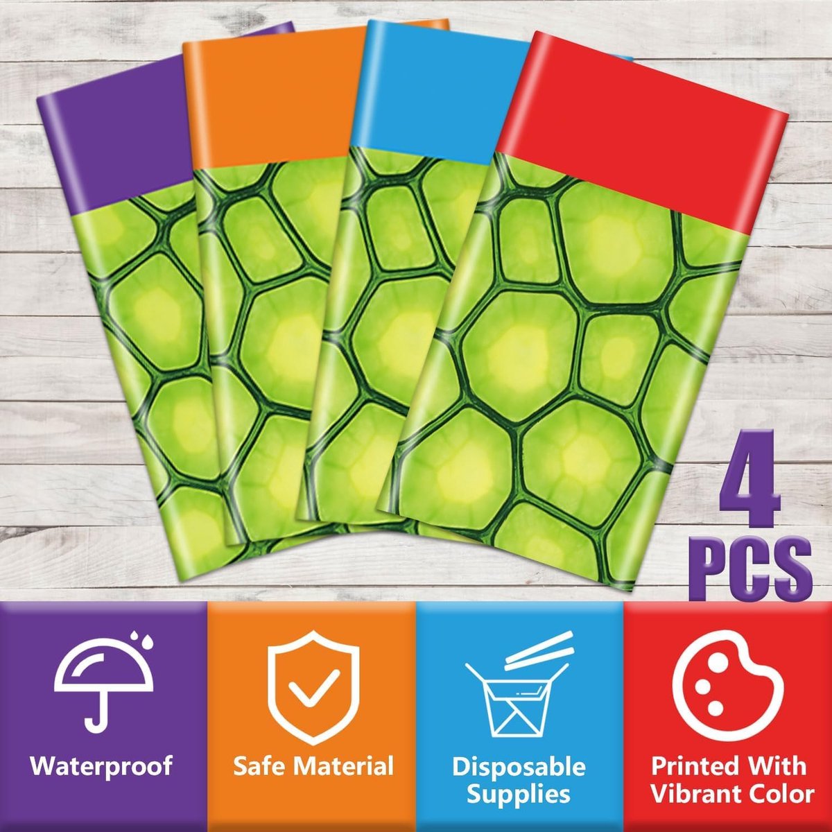 SnelShoppen - 4 stuks Cartoon Schildpad Tafelkleed 130x220 cm Groen met Blauw Paars Rood Oranje Tafelloper voor Kinderen Verjaardagsfeest Camping Deco
