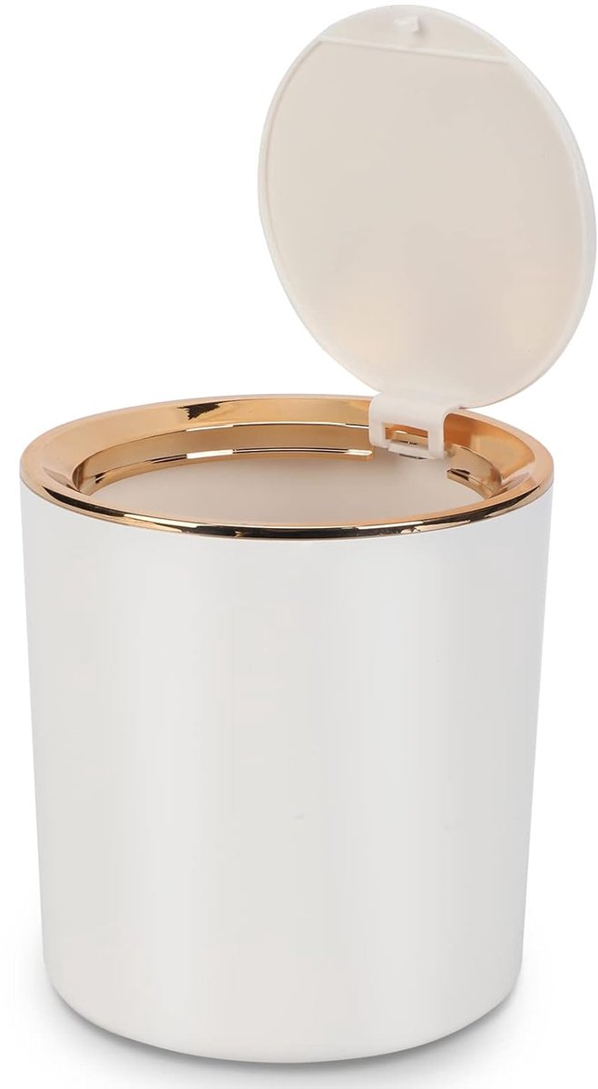 SnelShoppen - Mini Prullenbak met Deksel - Plastic Afvalemmer voor Keuken, Badkamer, Slaapkamer, Kantoor - 14.2 x 15 cm - Wit - Duurzaam en Makkelijk