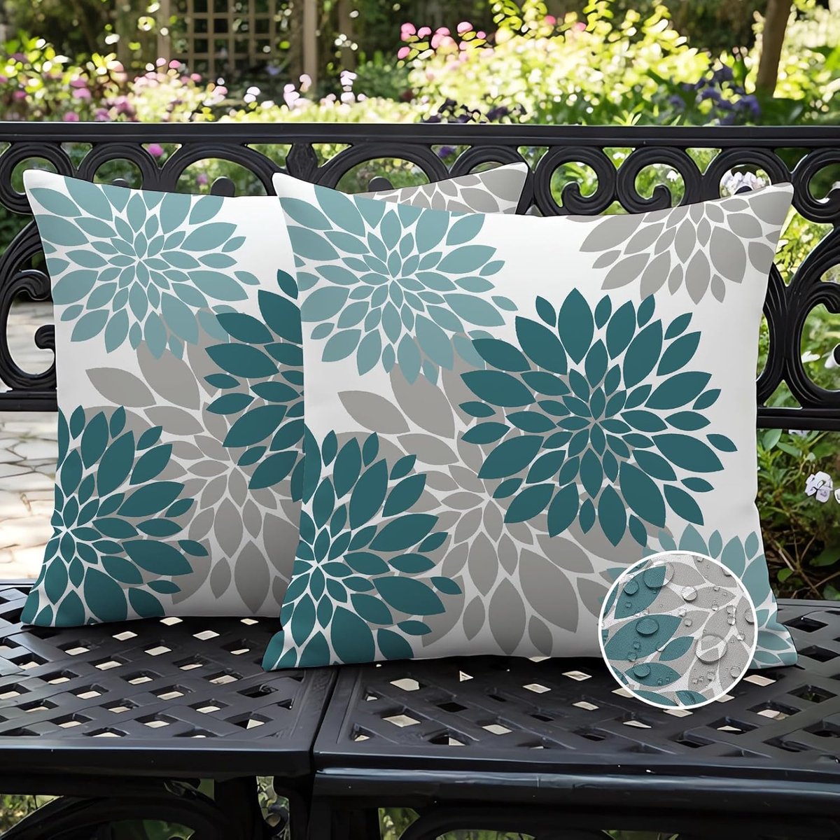 SnelShoppen - Set van 2 Waterdichte Kussenhoezen 45 x 45 cm, Dubbelzijdig, Modern, Peacock Blauw, Grijs, Dahlia, Decoratieve Kussens voor Buiten en Bi