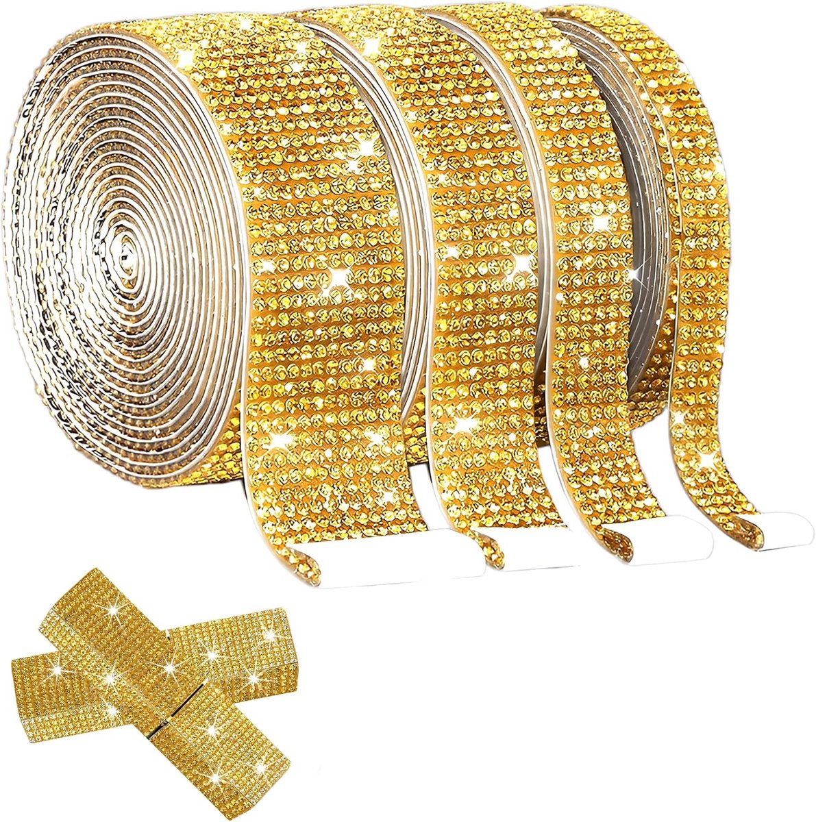 SnelShoppen - 4 Rollen Zelfklevende Rhinestone Tape, Bling Diamant Decoratie voor DIY Auto Kunst, Knutselprojecten, Goud, Sterke Hechting
