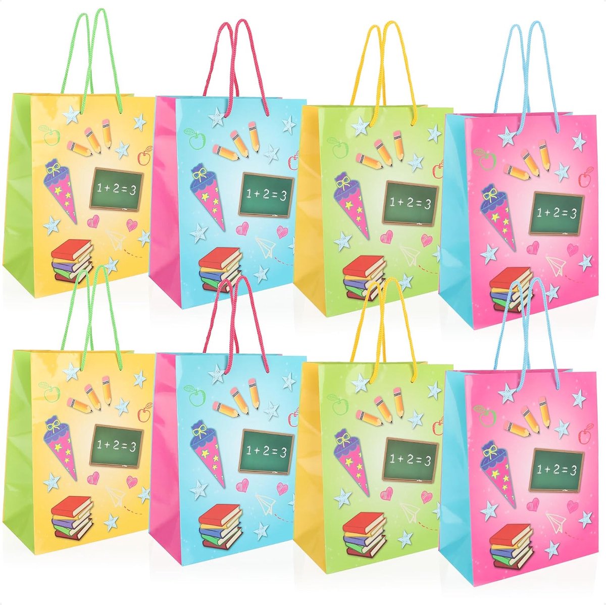 SnelShoppen - 8 x Cadeautas voor Beginners op School, Vierkante Papieren Tas met Handvatten, Vouwbare Kartonnen Tas voor Schoolinschrijving (4 Kleuren