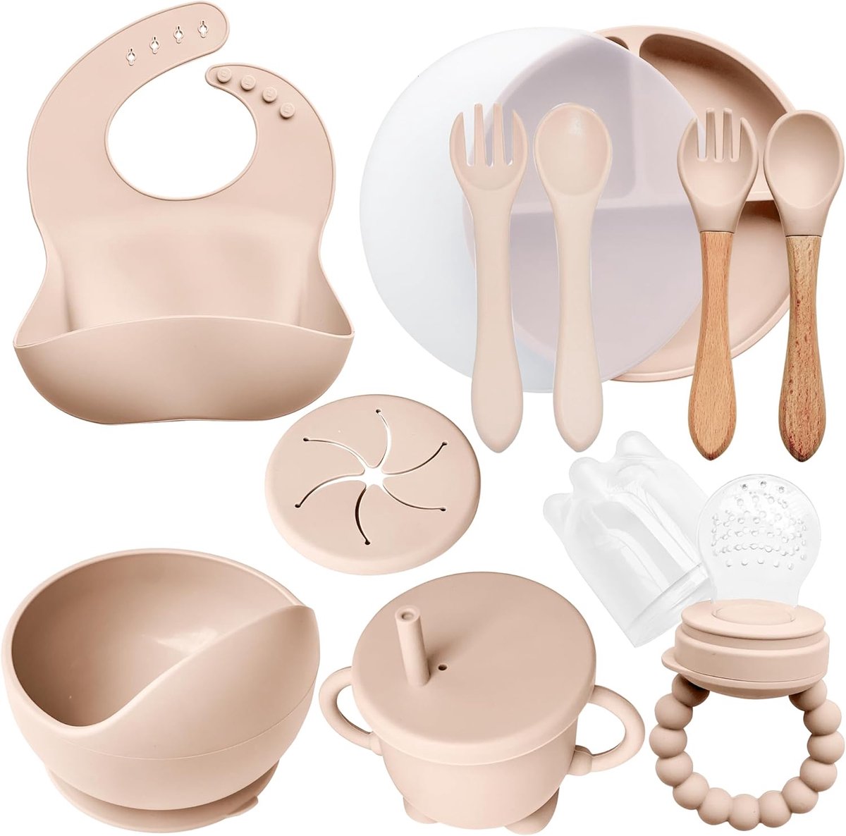SnelShoppen - Silicone Lunch Box voor Baby's (10-delig) - Antislip Bord en Kom met Zuigcup, Bestek (Vork en Lepel), Luchtdichte Cup, Bib en Snacks - G