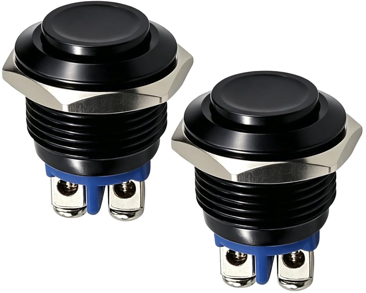 SnelShoppen - 2 Stuks 12V Drukknop 16mm, Instantane Drukknop, Klemmen, 220V, Ronde Startknop, Zelfherstellende Drukschakelaar voor Tuin, Keuken en DIY