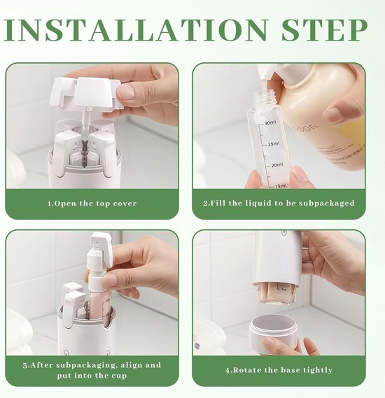 SnelShoppen - Travel Dispenser Bottle 4 in 1, Refillable Shampoo Conditioner Flessen, Compact en Ruimtebesparend voor Vakantie en Zakenreis, Wit — afbeelding 3