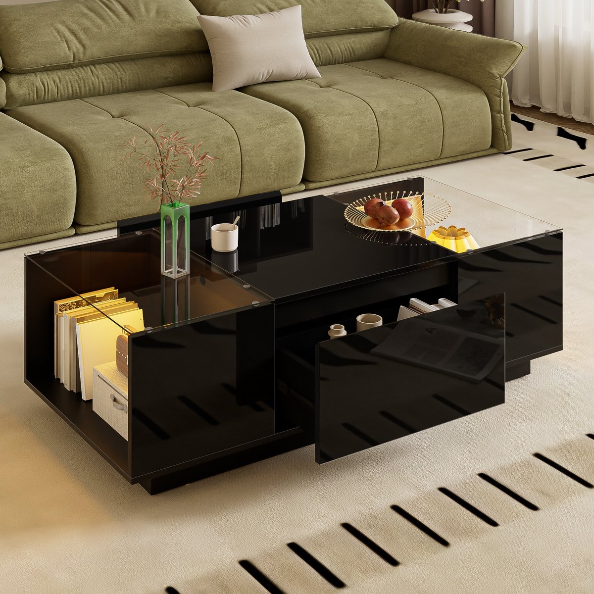 COVREO Salontafel 105 x 50 x 35 cm - zwart hoogglans, glazen tafelblad, 2 lades