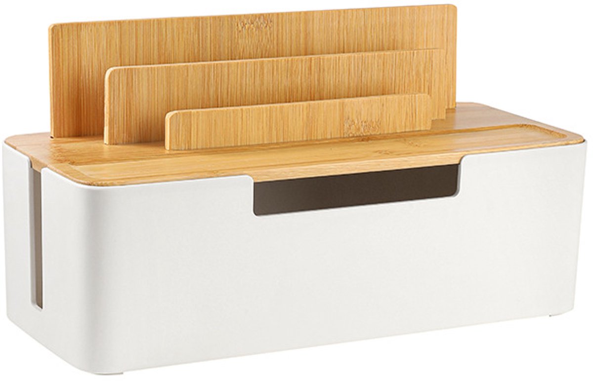 VHV - Kabelorganizer - Bamboe kabelmanagementrek voor stroomadapters en bureauladers - Houder voor telefoon en tablet - Voor een opgeruimd bureau - Wit