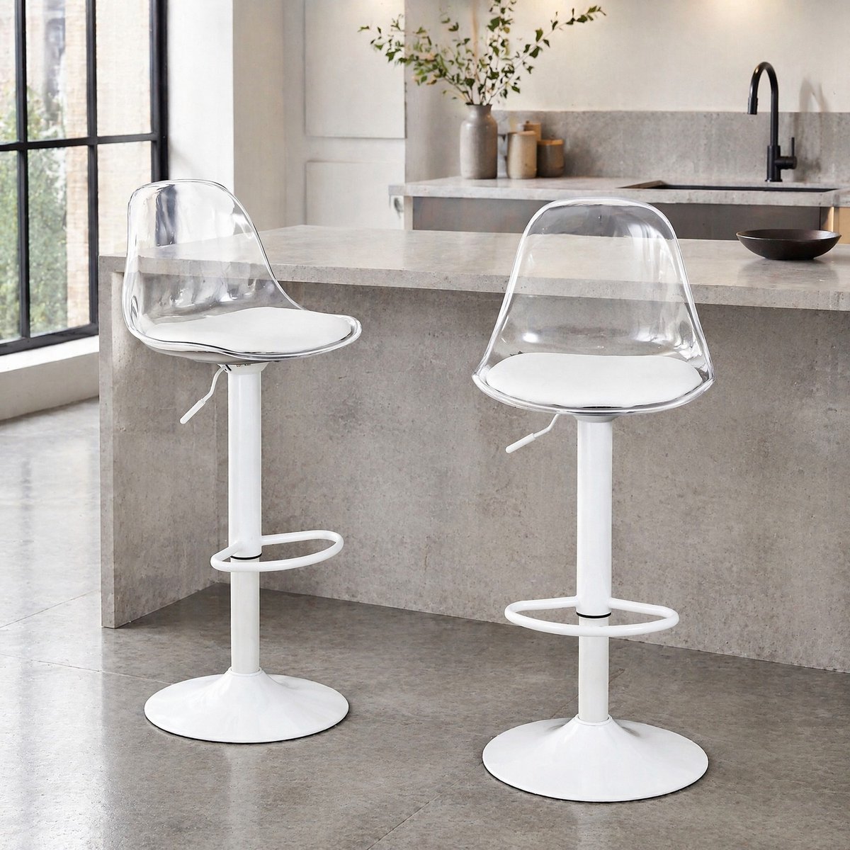 COVREO Barkruk set van 2 - 82 tot 104 cm verstelbaar, transparant, wit metaal, 360° draaibaar