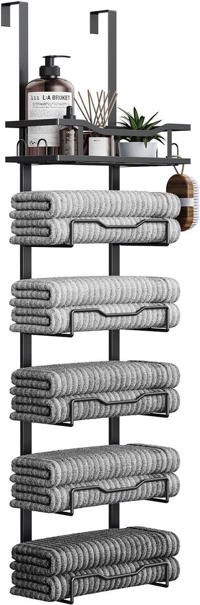 SnelShoppen - Hangende handdoekhouder voor badkamer, zonder boren, opbergorganizer boven de deur, verticale houder voor opgerolde handdoeken, zwart, p
