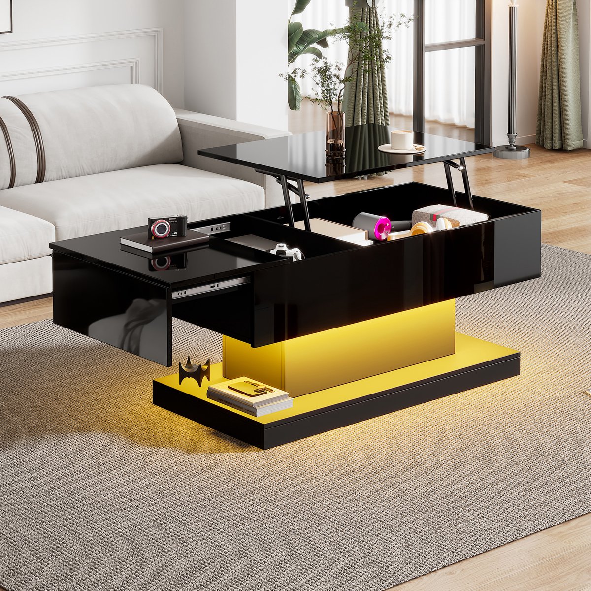 COVREO Salontafel 100x50x45 cm – hoogglans zwart, LED, hydraulisch liftblad en opbergruimte