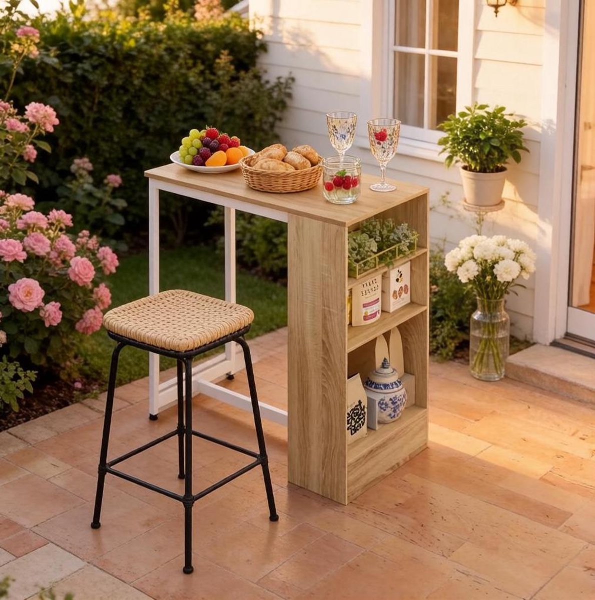 OKWISH Bartafel - Modern Opbergrek Met 3 Lagen - Voor Keuken, Bar En Werkkamer - Wit + Licht Eiken - 91x49x91 Cm - Metaal En Spaanplaat