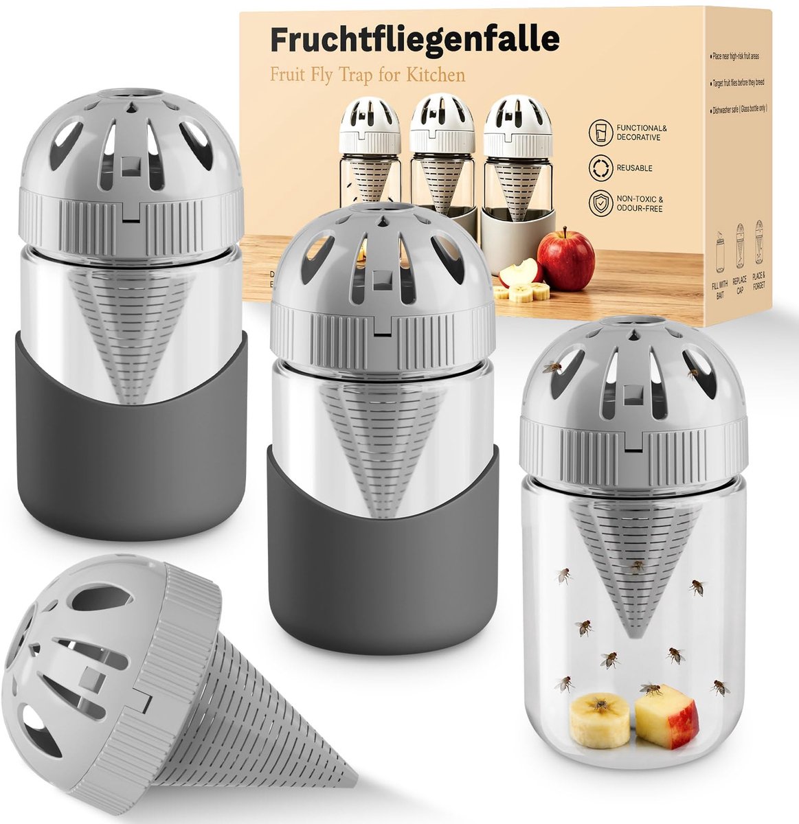 SnelShoppen - Fruitvliegenval Set van 3 - Herbruikbaar Glas Fruitvliegenlokpotje - Decoratieve Fruitvliegenval voor Keuken - Effectieve Levende Val te