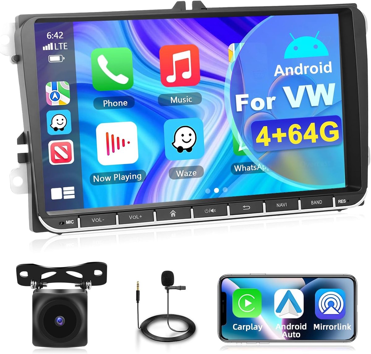 SnelShoppen - 9 Inch Carplay Radio voor VW 2014-2017, 4+64G, Draadloze Android Auto, GPS Navigatie, Bluetooth, FM/RDS, AHD Camera, Plug-and-Play