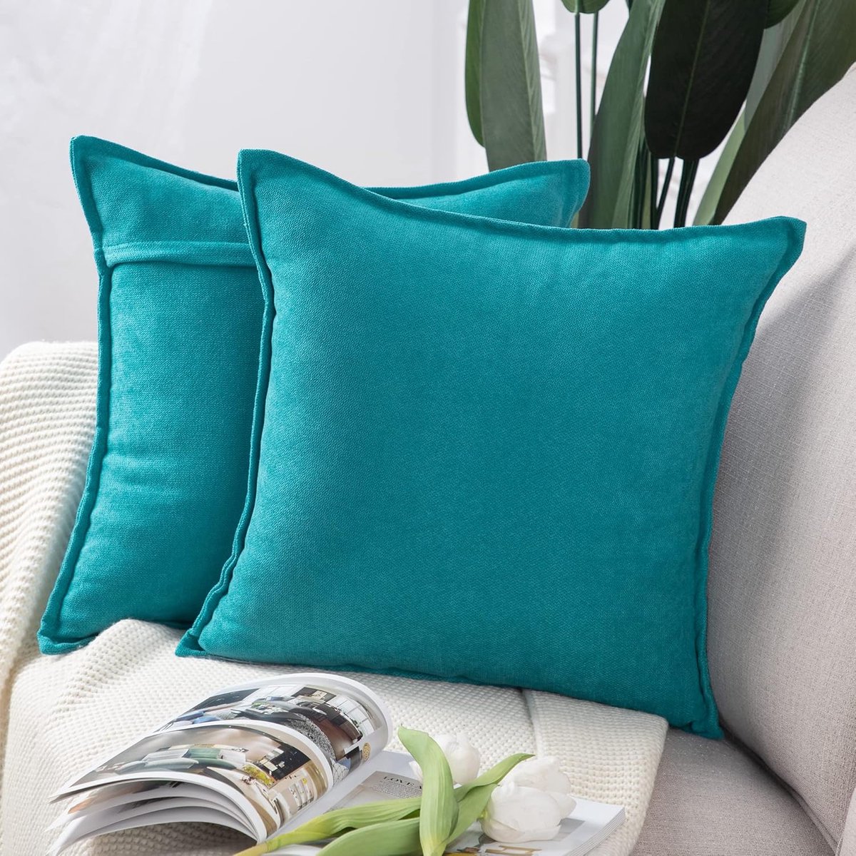 SnelShoppen - Set van 2 Korte Chenille Kussenhoezen 40x40cm - Zacht Decoratief Kussen voor Bank en Slaapkamer - Cyan Teal - Duurzaam en Stijlvol