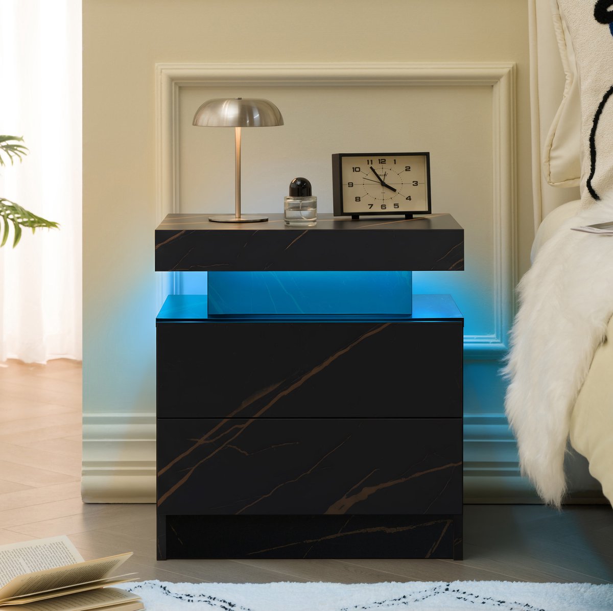 COVREO Nachtkastje 50x36x53 cm – zwart goud, 2 lades en verstelbare LED-verlichting