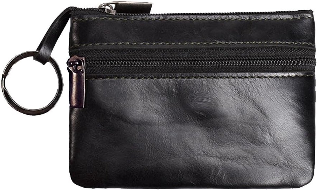 SnelShoppen - Mini leren muntenportemonnee voor dames, meisjes en kinderen, zwart, met 2 ritsen, compact en praktisch, ideaal voor onderweg, L 10 cm x