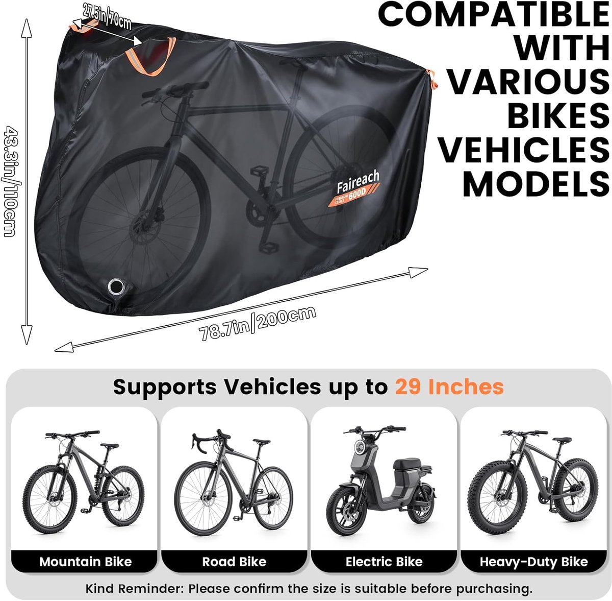 SnelShoppen - Waterdichte Fietshoes, Scheurvast, Met Slotgaten, Koolzwart, 600D, Fietsbeschermhoes voor Buiten, Ideaal voor Fiets, Vakantie, Tuin, Cam