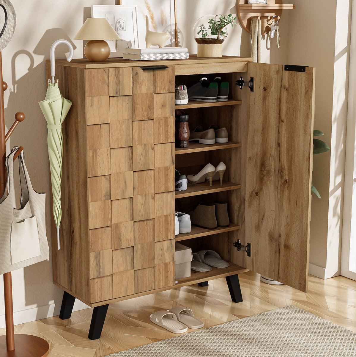COVREO Schoenenkast 80,5 x 35 x 109,5 cm – houtkleur, 5 niveaus, verstelbare legplanken