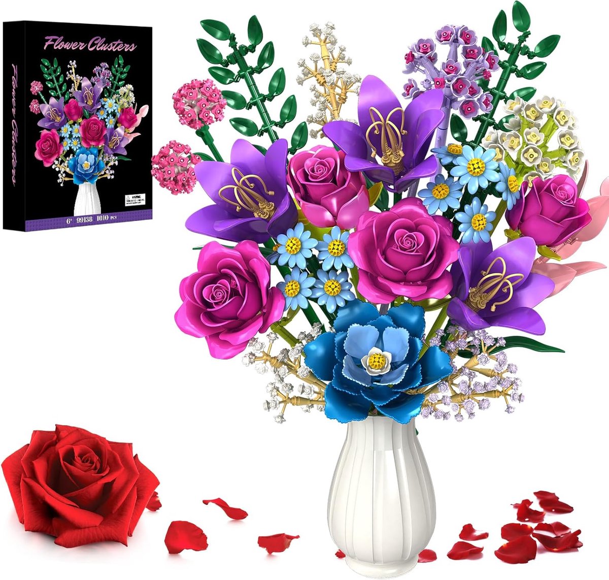 SnelShoppen - Bouquet Building Kit Kunstbloemen, Bouwset met Rozen, Lelies, Pioenrozen, 21 Botanische Wildbloemen, 1004 Stuks, Perfect voor Moederdag,